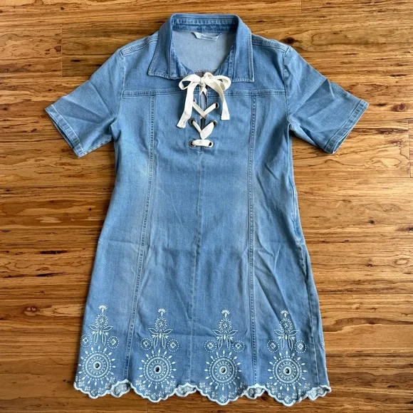 Desigual | Dresses | Desigual Blue Denim Dress With White Embroidery |  Poshmark